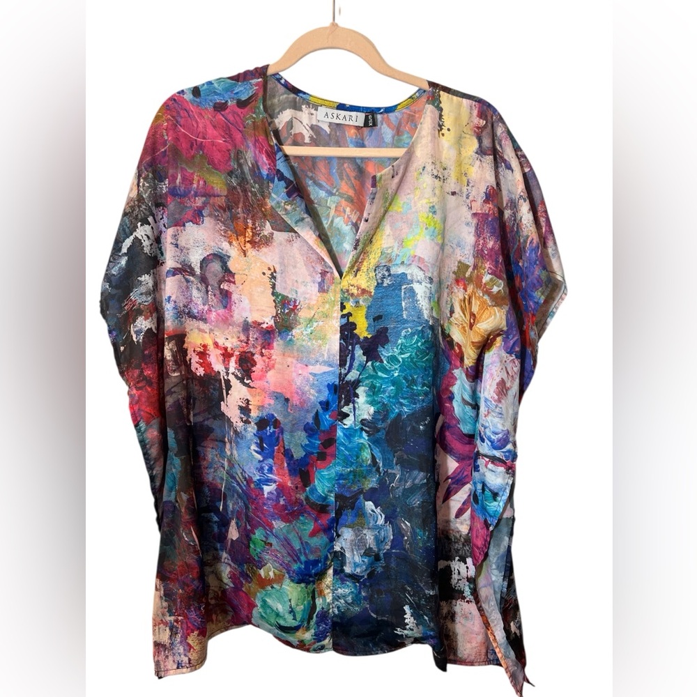 Colorful Abstract Art Oversized Short Sleeve Blouse Size XS/S Art to Wear Flowy